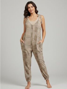 TULUM DRIFT TRIBAL PRINT SHOULDER TIE POCKETS JUMPSUIT
